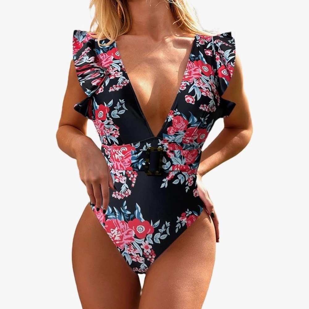 Avanova women's Floral Ruffle deep V neck‎ strappy One Piece Swimsuit M